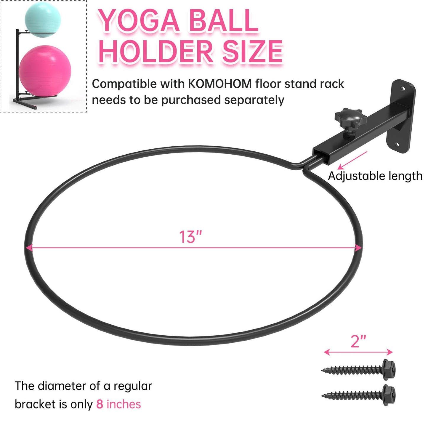 KOMOHOM Wall Mount Stability Ball Storage Rack for 26" Large Balls, Adjustable Heavy Duty Exercise Ball Holder for Home Gym, Metal Bracket for Yoga Ball, Swiss Ball, Physio Ball, Medicine Ball