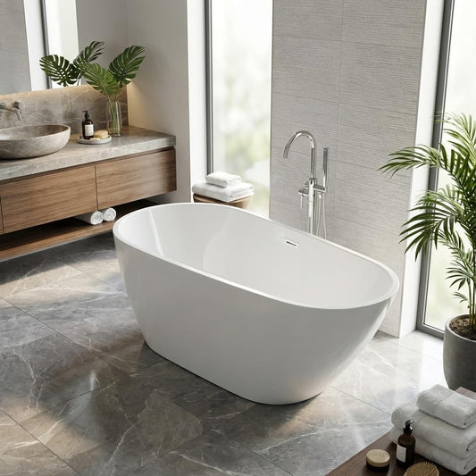 Freestanding Bathtub, Acrylic, Deep Soaking, Modern Upright Bathtub with Matte Drain and Black Overflow, Durable Double Wall, Freestanding for Bathroom, 67'', White