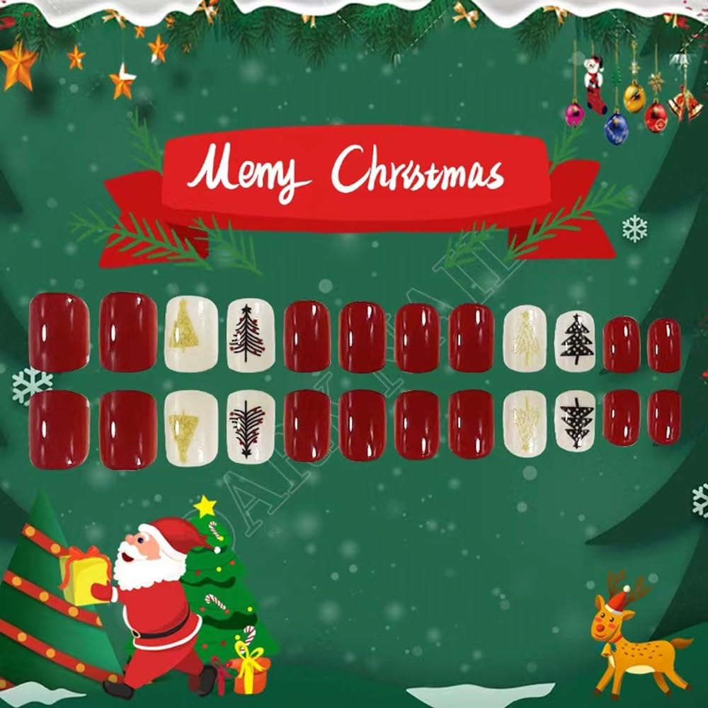 Christmas Press on Nails Short - Square Fake Nails with Xmas Tree Design - Red Full Cover Stick on False Nails - for Women 24 Pcs