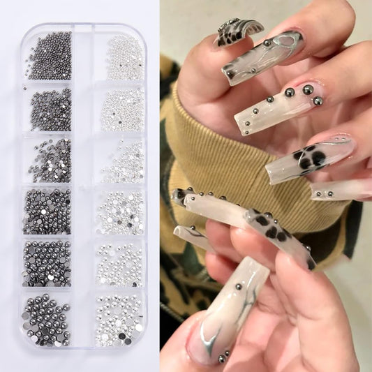 Mini Metal Nail Beads 3D Nail Art Charms, Mixed Sizes Silver Gun Grey Half Round Flatback Stainless Steel Caviar Beads Nail Studs Jewelry with Pickup Tweezers for DIY Nail Art and Crafting Decorations
