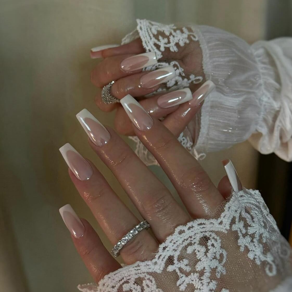 White French Tip Press On Nails Long Square - KQueenest Chrome Press On Nails Coffin, Glazed Gel Fake Nails Press on, Mirror Shine Natural French Glue on Nails Ballerina Stick On Nails for Wedding