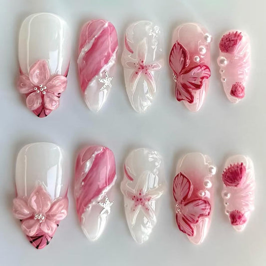 30Pcs Spring Flower Press on Nails Medium Almond Fake Nails Nude White False Nail Tip Kit 3D Floral Pearl Design Sparkly Glossy Glue on Nails Full Cover Acrylic Valentines Stick on Nail for Women