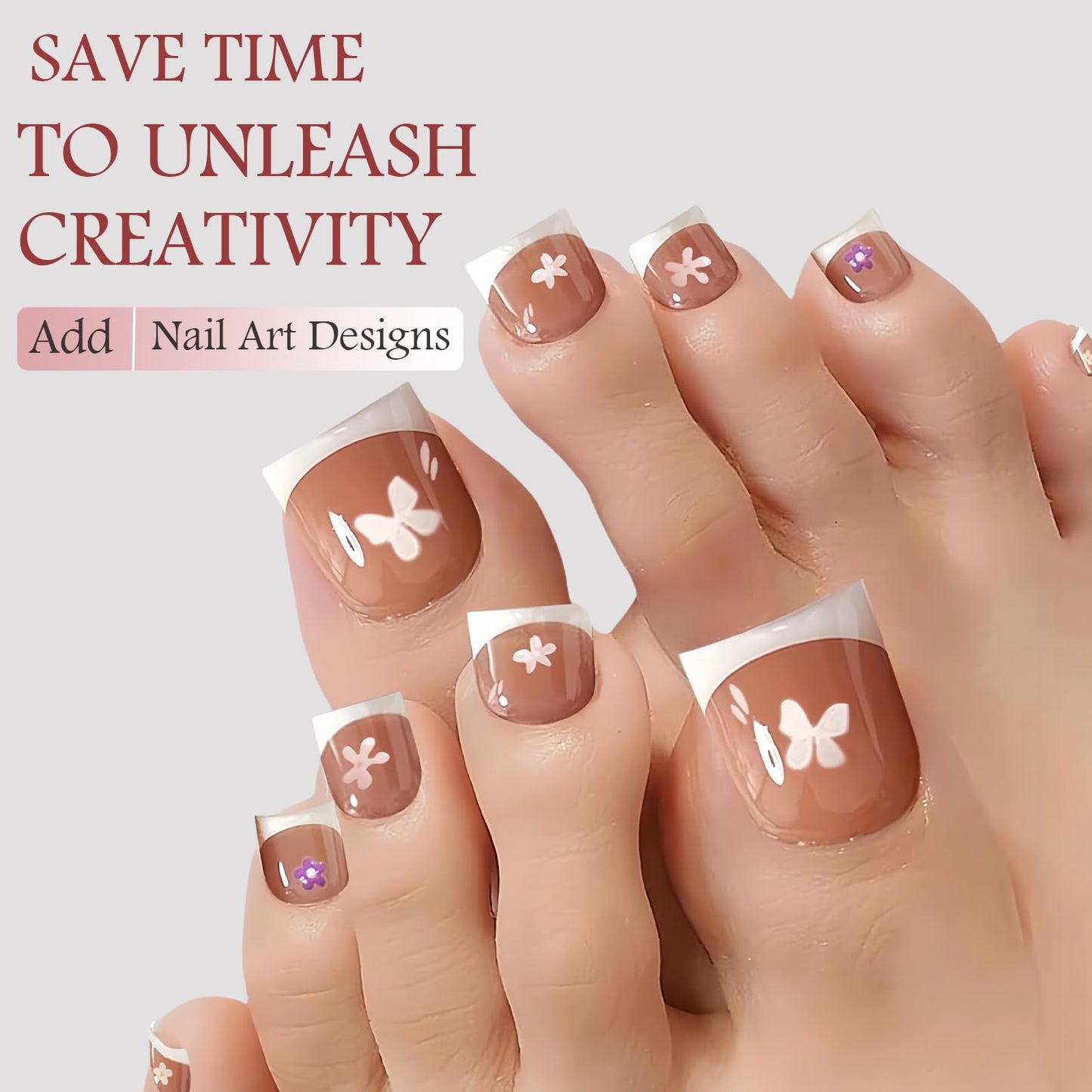 OPkssnails 150pcs French Tip Press on Toenails Short Square, Brown Press On Nails White French Toe Nail Tips for Women, Soft Gel Fake Toe Nails, Acrylic Nails Soak off Nail Home DIY 15 Size