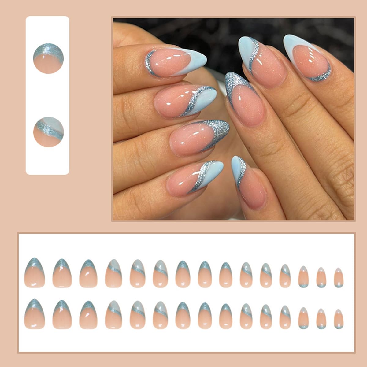 30Pcs Blue French Press on Nails Medium Almond WLGDLH Fake Nails Nude False Nail Tip Kit with Glitter Lines Designs Sparkly Glossy Glue on Nails Full Cover Acrylic Cute Stick on Nail for Women