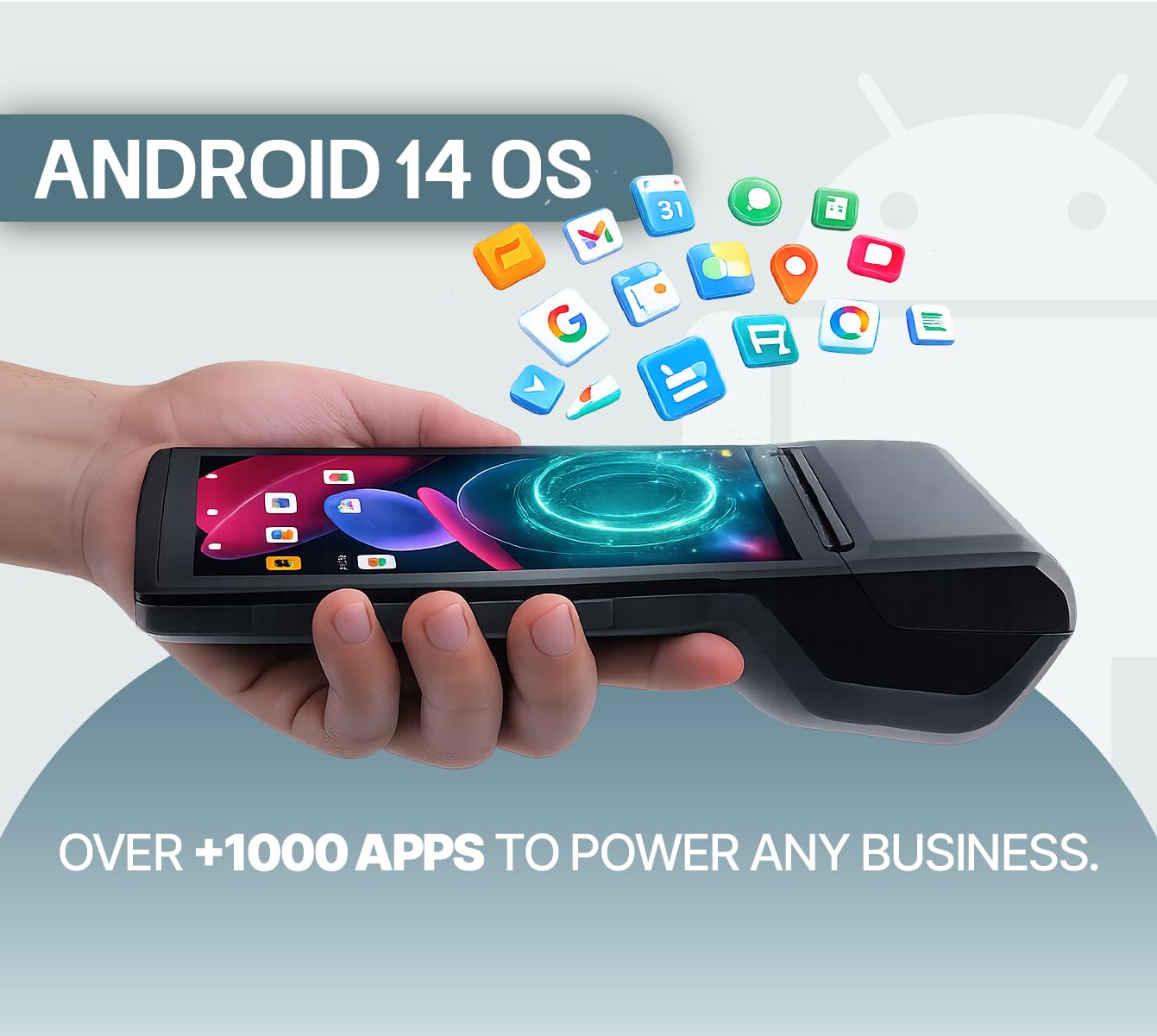 Multzo POS Android 14 Receipt Printer Android 14 and 58mm High Speed Thermal Printer 5.5’ Touch Screen. Handheld Point of Sale with NFC and 4G Network. 3GB Ram+32GB ROM