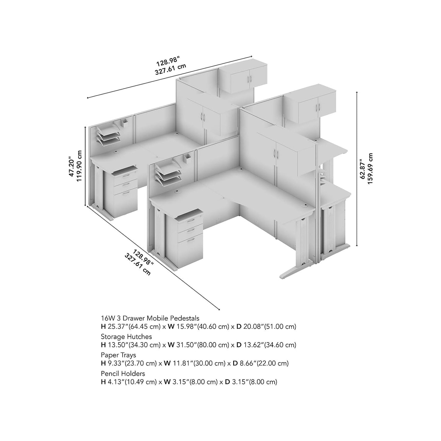 Bush Business Furniture Office in an Hour 4 Person L Shaped Cubicle Desks with Storage, Drawers, and Organizers in Pure White