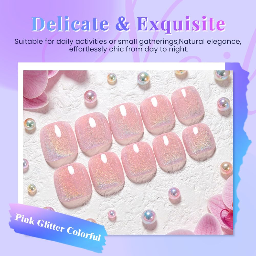 evpct Pink Glitter Colorful Press on Toenails Square for Women Gift, Glossy Square Fake Stick Press on Toe Nails, Soft Stick on Toenail Set with Kit, Lightweight Perfectly Fit Full Cover Fake Toenails