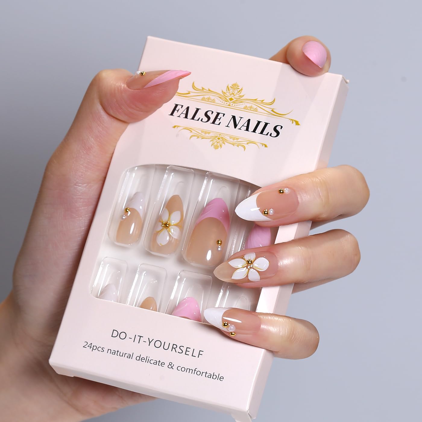 Goolich Bright Pink French Tip Press On Nails Short Almond, Bead with 3D Floral Mermaid Nails Press ons Set with Adhesive Tabs, 24 Pcs 12 Size Reusable Full Cover Glue on Nails for Women