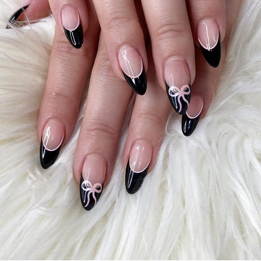 Medium Almond Press On Nails - Black French Tip with Bow Design, 24Pcs - Reusable, Easy Apply