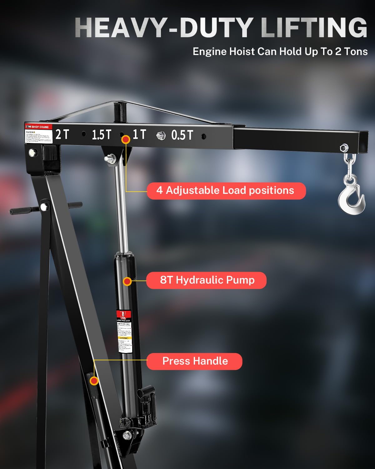 2 Ton Hydraulic Engine Hoist Crane, Folding Heavy-Duty Cherry Picker with 6 Locking Wheels & 4 Boom Positions, for Truck/SUV Engines, Garage Workshop, Industrial Lifting (Net Wt. 157 lbs)
