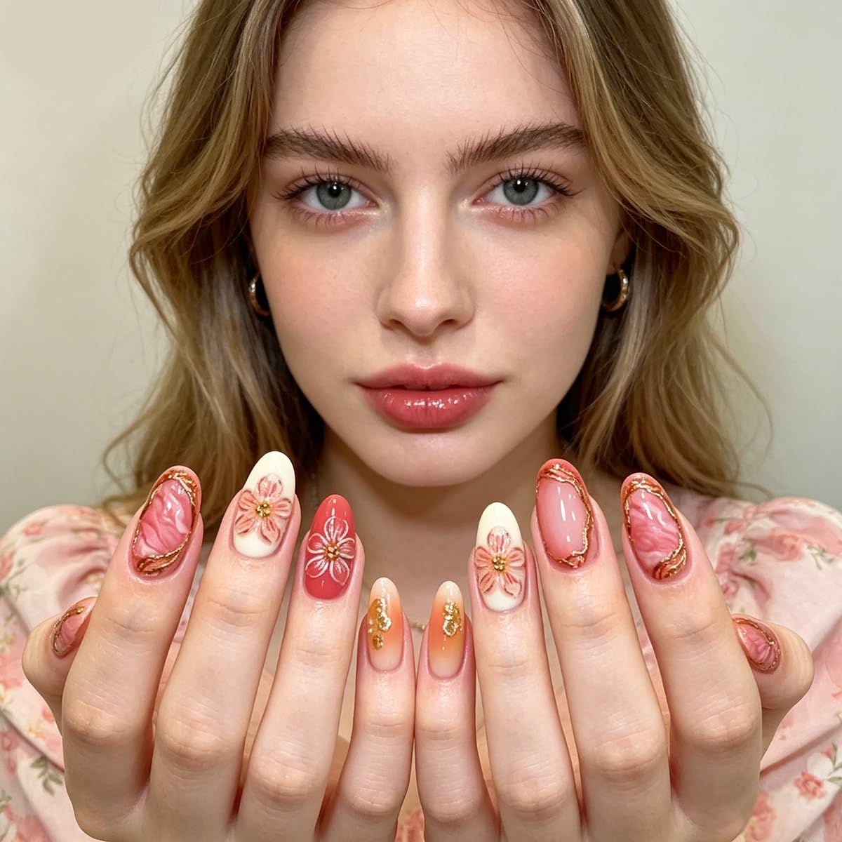 Almond Press On Nails - Medium Pink Gradientw th 3D Flowers Pearl Designs Gold Flower Fake Nails Glossy Finished Reusable False Nails with Glue Tabs - 30Pcs Nail Kit for Women Manicure
