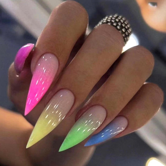 MISUD Press on Nails - Long Stiletto Glue on Nails with Summer Colorful, Acrylic Rainbow Design 24 pcs