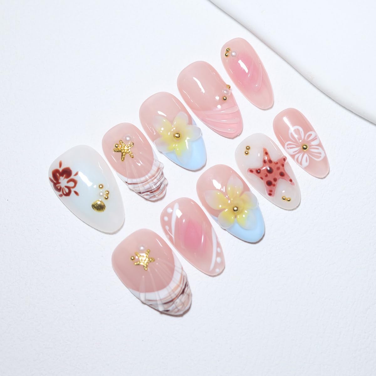 10Pcs Short Almond Handmade Press On Nails | Easy Apply & Remove, Reusable Salon Quality Nails | Fresh Nude Pink Fake Nails with 3D Floral, Starfish & Seashell Accents (RR08, M)