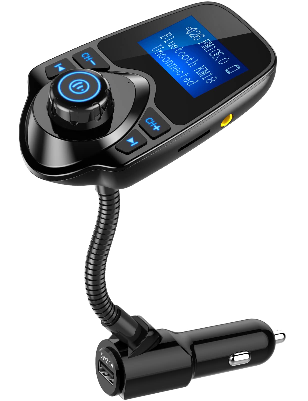 Nulaxy Car Bluetooth FM Transmitter [2024 Upgraded], 1.44" Display Flexible Gooseneck, Handsfree Call Wireless Music Stereo Audio Player Radio Adapter Car Kit USB Phone Charger, TF SD Card AUX-KM18