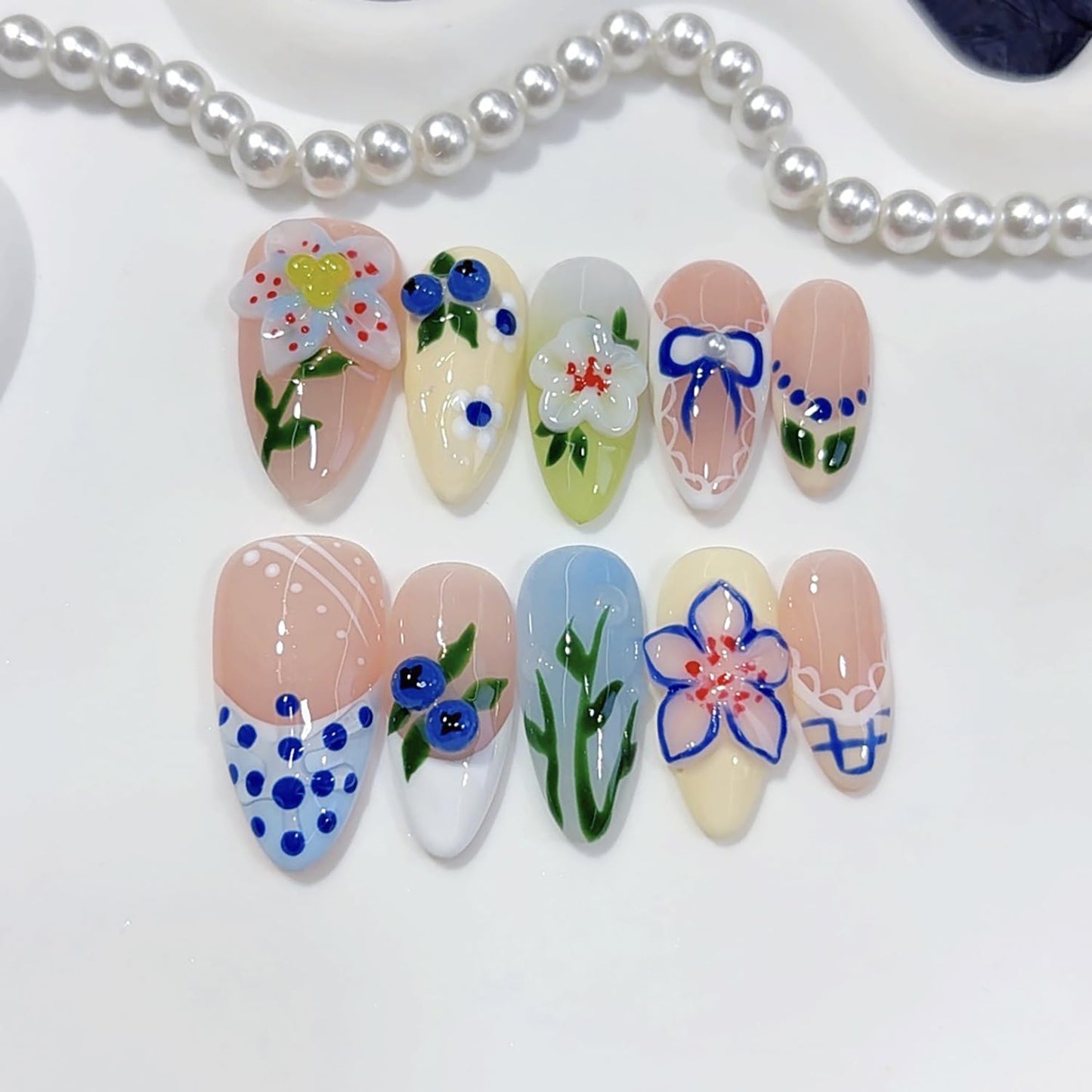 Spring Almond Handmade Nails with Flower Polka Dot Design French Press on Nails Reusable Artificial Acrylic Fake Nail for Women Girls Full Cover Stick on Nail Stick on Nail 10 Pcs （S）
