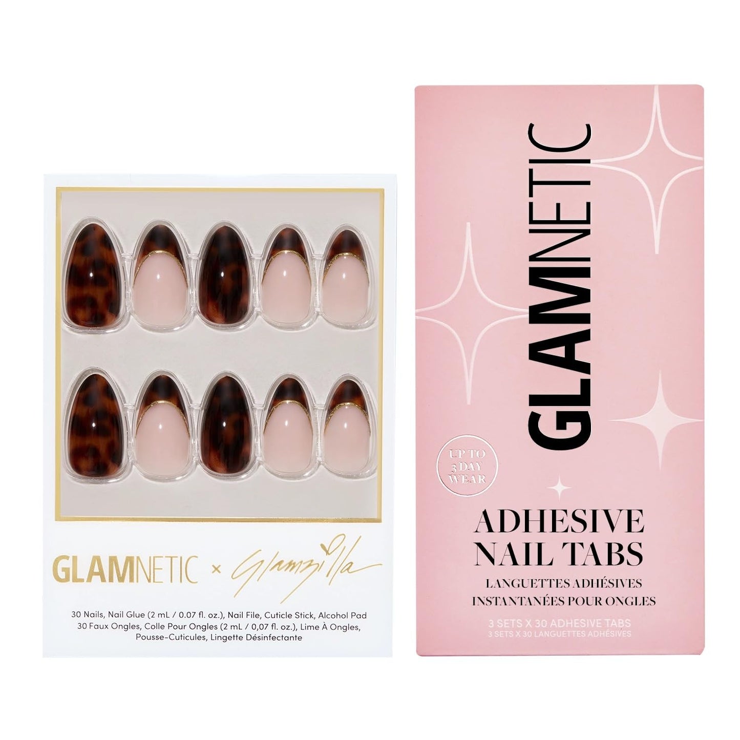 Glamnetic x GLAMZILLA Press-On Nails & Adhesive Nail Tabs - KILLAZILLA | Short Almond French Tip Fake Nails with Tortoiseshell Print | 15 Sizes - 30 Nail Kit with Adhesive Tabs