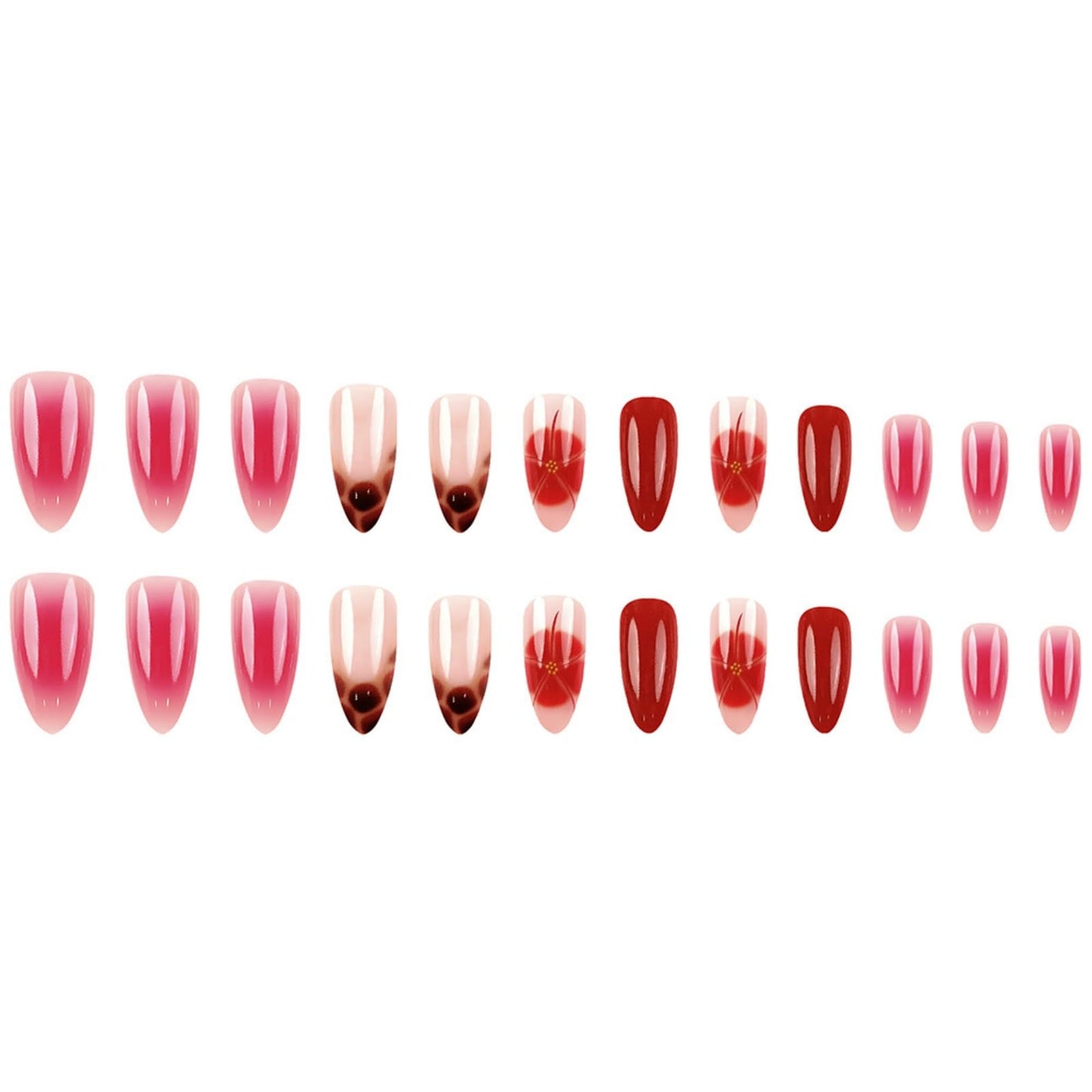 Long Press on Nails Almond Fake Nails Red False Nails French Artificial Nails with Flowers and Leopard Designs FloralStick on Nails for Women 24pcs