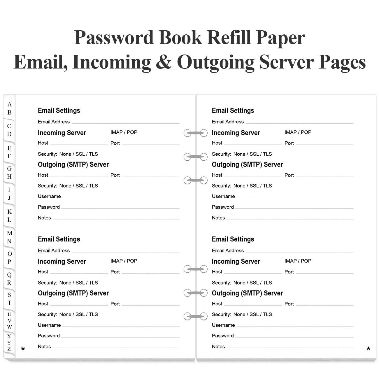 Password Book Refills for A5 Binder - A-Z Password Notebook Refill Paper with Alphabetical Tabs, 120gsm White Paper, 6-Hole Punehed, 5.8" x 8.3"