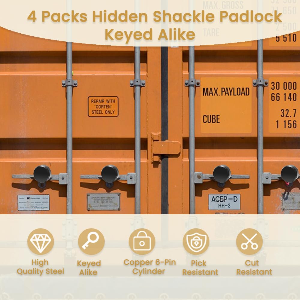 2 Pack Hidden Shackle Padlock Keyed Alike Heavy Duty Trailer Puck Padlocks Anti Theft 2-7/8" Solid Steel Puck Lock for Trailers Trucks Vans Shed Gates Garage