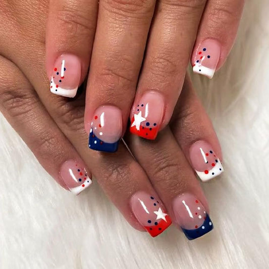 Independence Day French Tips Press on Nails Short Square Fake Nails Stars Polka Dot False Nails 4th of July Full Cover Glue on Nails for Women Girls Patriotic Manicure Decoration 24Pcs