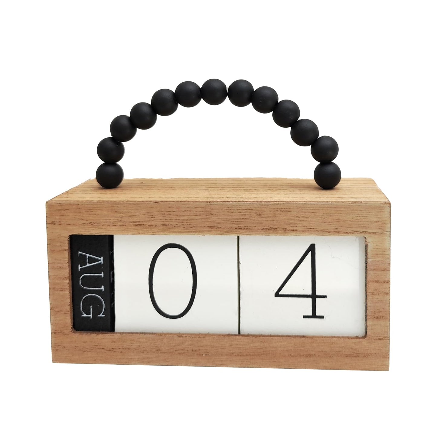 Wooden Perpetual Calendar for Desk, Metal Wood Month Date Display for Teachers, Students, Classroom, Rustic Farmhouse Office Decor, Desk Accessories (Black wood beads)