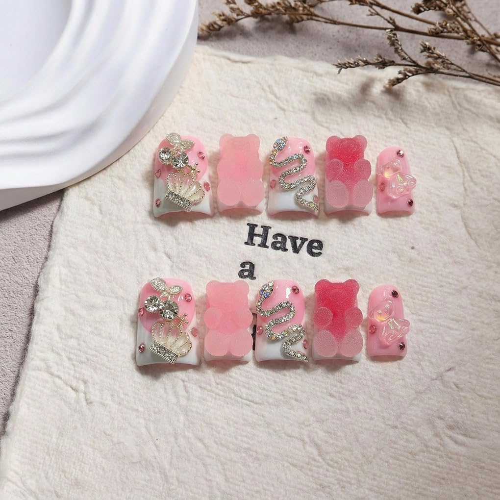 Vseegrs Pink Handmade Press on NailsDuck Medium Artificial False Nails with Designs 3D Cute Bear Acrylic Nail Press ons Rhinestones Press on Nail Kit for Women 10pcs (M)