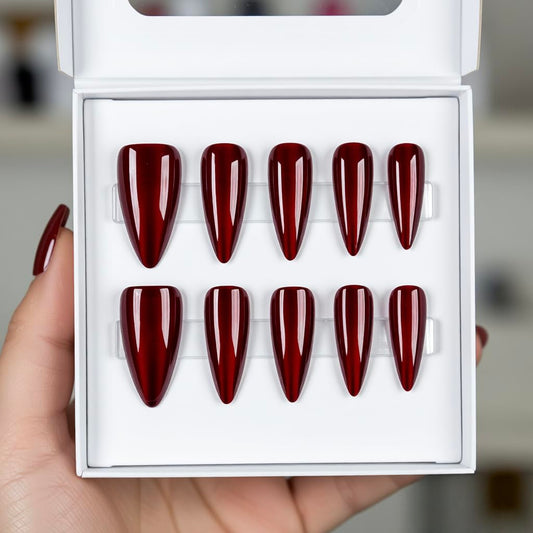 LTXHZYYL Red Cat Eye Press on Nails, 24 Pcs Dark Red Medium Almond Fake Nails Kit, Reusable Christmas Artificial Acrylic Nails for Women Girls Holiday Party Gifts