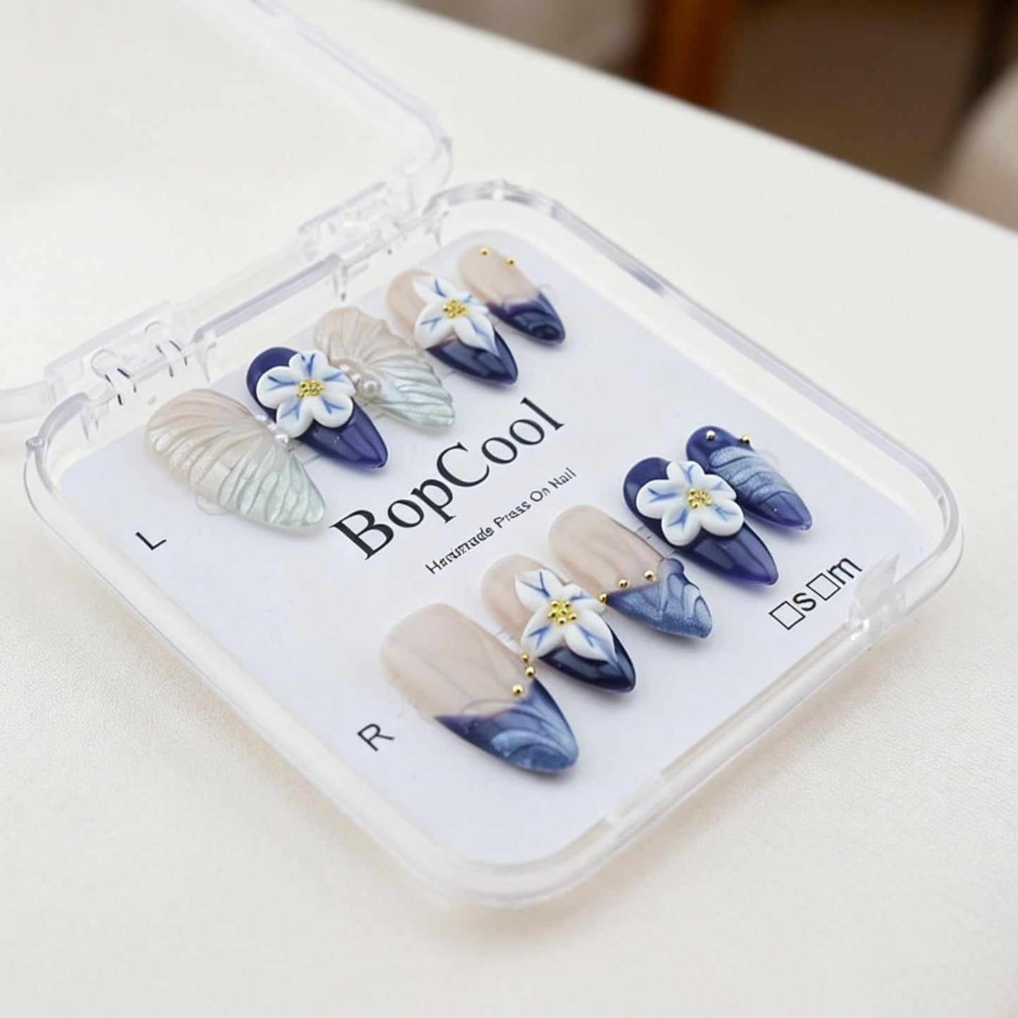 Handmade Press-On Nails – Medium Almond Thick Acrylic Gel Nails, Reusable 3D Flower False Nails, Gradient Blue French Tip Manicure – Salon-Quality DIY Nail Art(10PCS-S)
