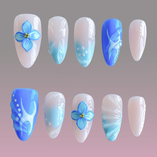 Luxury Press on Nails Medium Almond 3D Unique Handmade Fake Nails Blue False Nails with Designs Flower Water Ripple Beach Reusable ABS MaterialGlossy Glue on Thick Acrylic Nails(M)