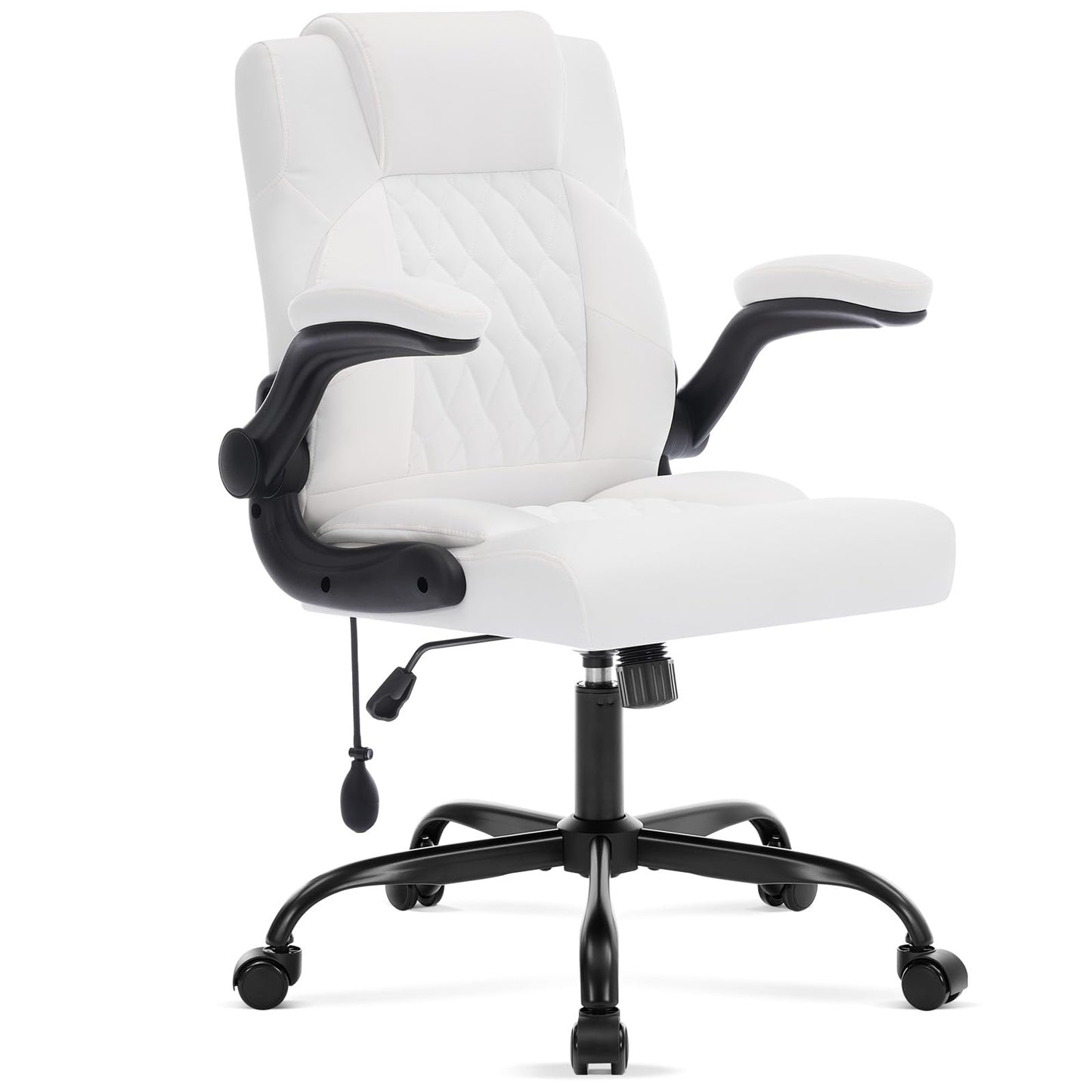 Office Chair with Adjustable Inflatable Lumbar Support,Leather Ergonomic Computer Desk Chair with Flip-up Arms,Adjustable Tilt Lock,Swivel Rolling Executive PC Chair for Work,Study,Meeting.White