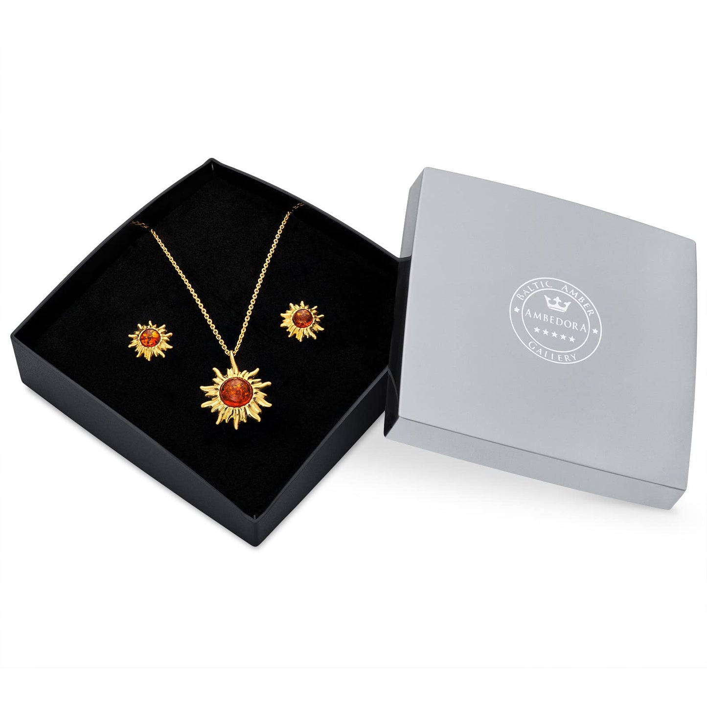 AMBEDORA Women's Jewellery Set Little Sun, Gold Plated Sterling Silver, Baltic Amber in Cognac Colour, Gold Plated Pendant on Chain and Earrings