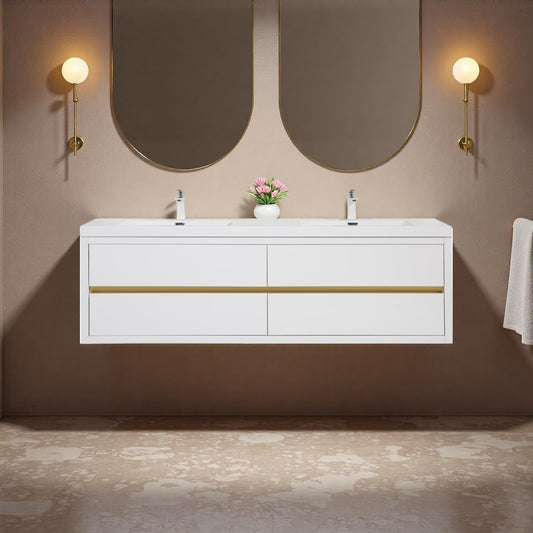 Trygoal 72" Bathroom Vanity with Sink, Floating Vanity with Resin Countertop & 4 U-Shaped Interiors, Wall-Mounted Bathroom Storage Cabinet with Soft-Close Drawers for Home, Easy to Clean, Glossy White