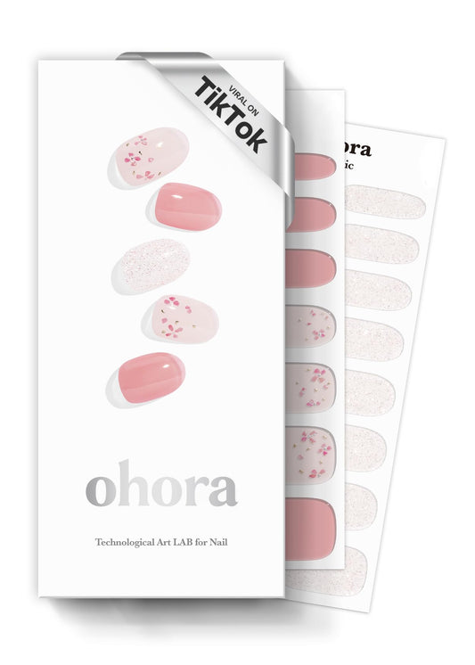 ohora Semi Cured Gel Nail Strips (N Rose Diamond) - Pink, Patterned, Works with Any UV/LED Lamps, Salon-Quality, Long Lasting, Easy to Apply & Remove - Includes 2 Prep Pads, Nail File & Wooden Stick