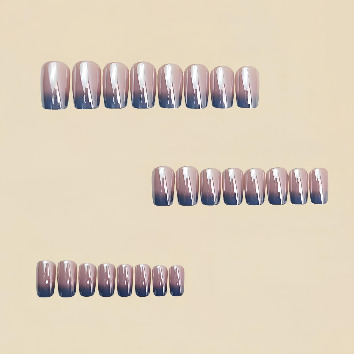 Chrome Press on Nails Medium Square Fake Nails Silver Gradient French Tip Nails Glossy Shiny Full Cover Glue on Nail Laser Acrylic Stick on Nail Reusable False Nail for Women 24Pcs