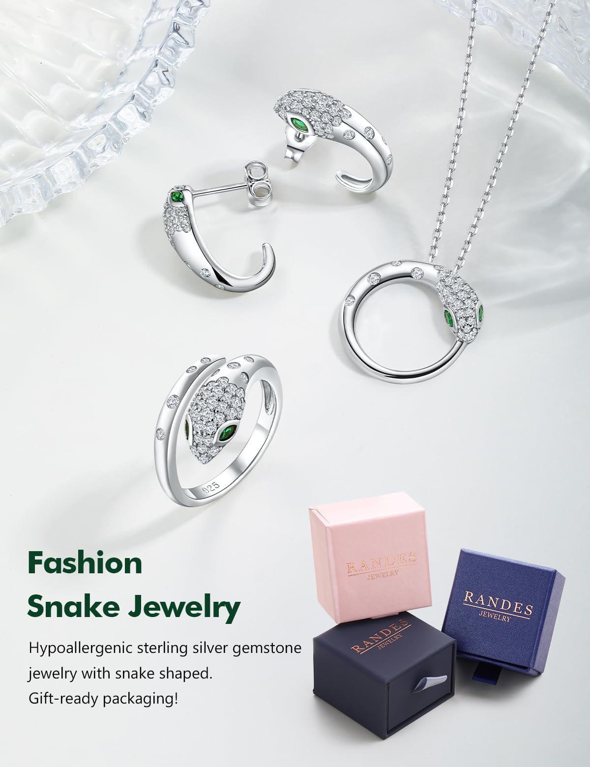RANDES Womens Snake Ring Open Statement Punk Gothic Jewelry for Men 925 Sterling Silver Cubic Zirconia Cocktail Party Fashion Rings Size 9