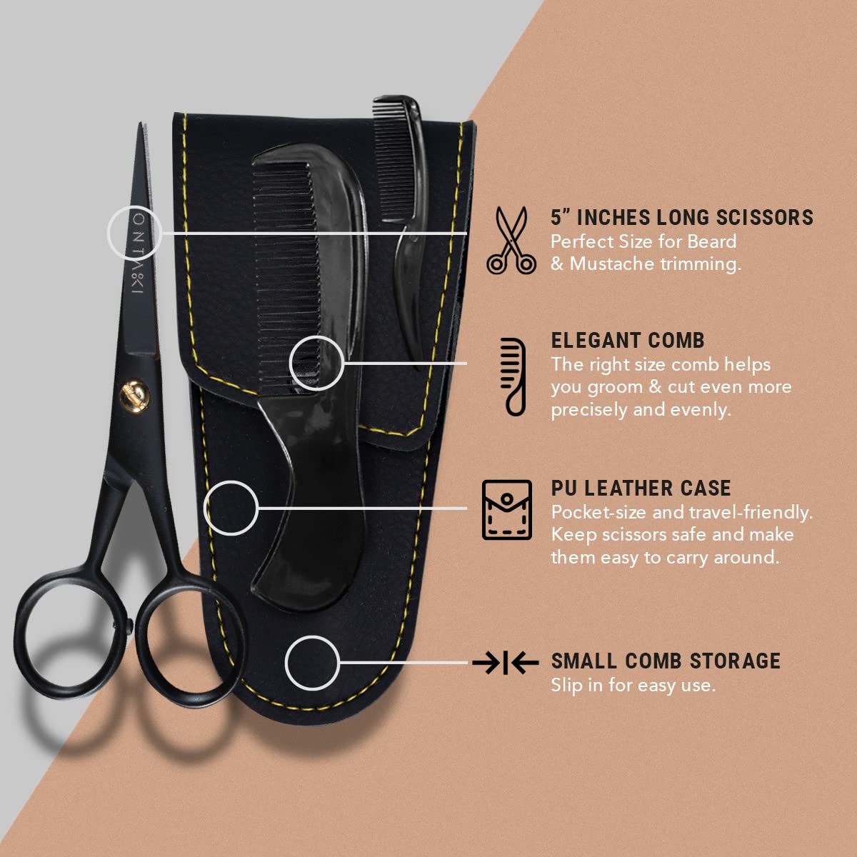 Ontaki Mustache Scissors - 5-Inch, Black - Bevel-Edge Precision & Beard Trimming Scissors - Complete Kit with Mustache Comb & Beard Comb