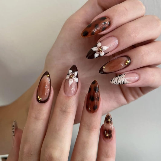 plalely Almond Press on False Nails Brown Press on False Nails with 3D Floral Stick on Nail Tips for Women 24pcs