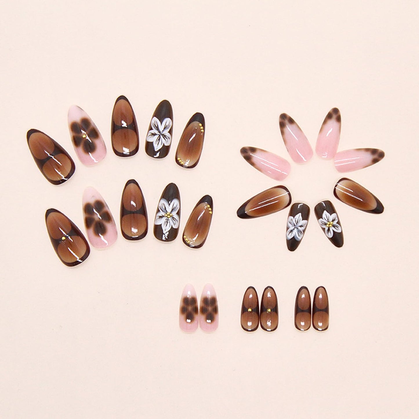 24Pcs Brown French Tip Press on Nails Medium Fake Nails 3D Gold Carved Beads Flower Design Glossy Full Cover Acrylic False Nail Glue on Artificial Nails Glossy Stick on Nail for Women Manicure Set