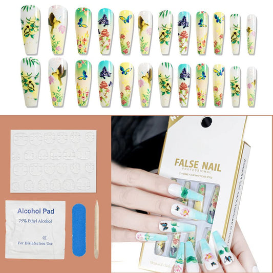 Mesiyun Long Press on Nails Coffin French Fake Nails Tips Ballerina Acrylic Glossy 24pcs False Nails for Women and Girls (Butterfly)