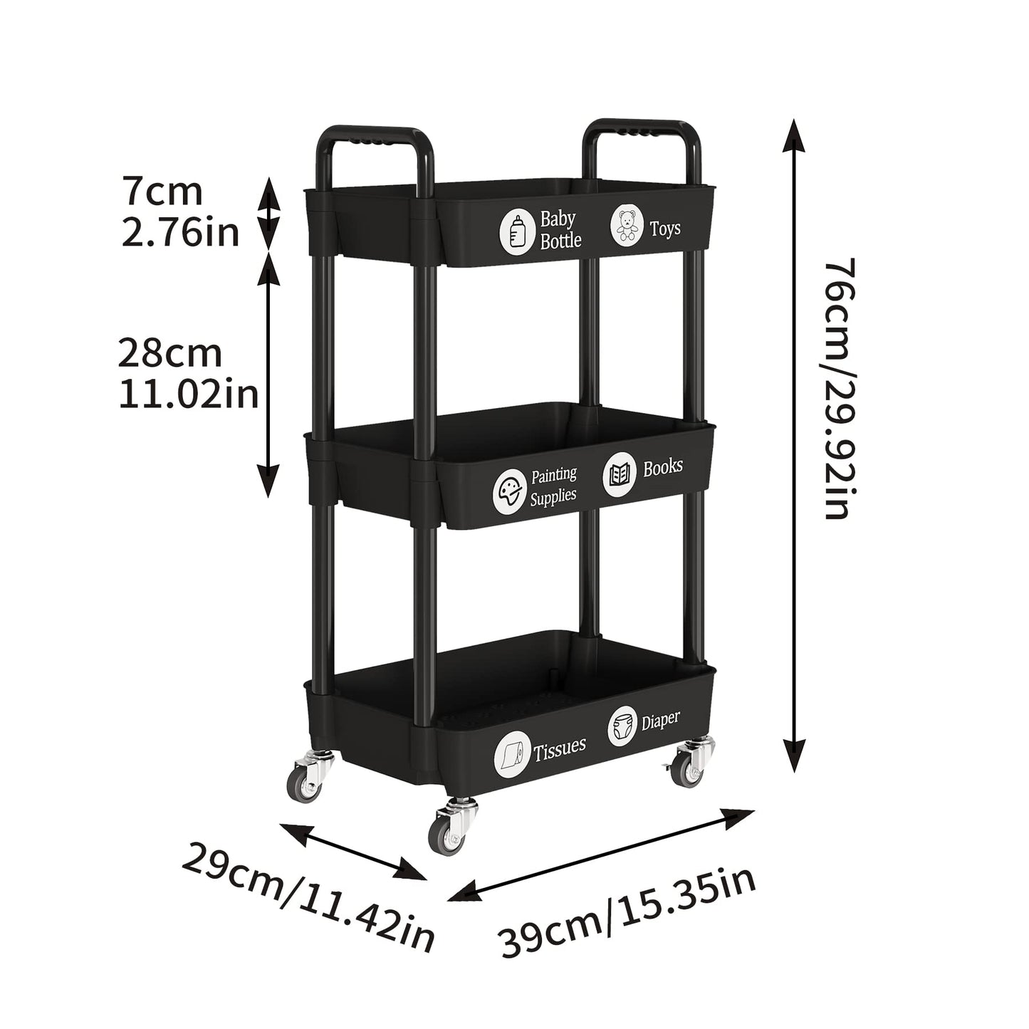 Laiensia 3-Tier Storage Carts,Multifunction Utility Rolling Cart Kitchen Storage Organizer,Mobile Shelving Unit Cart with Lockable Wheels for Bathroom,Laundry,Living Room,With Classified Sticker,Black