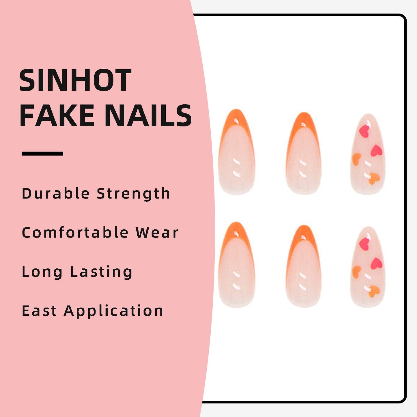 SINHOT French Tip Round Press on Naills Medium Fake Nails Heart Glue on Nails Orange Glossy False Nail Full Cover Oval Acrylic Nail for Women & Girls 24Pcs
