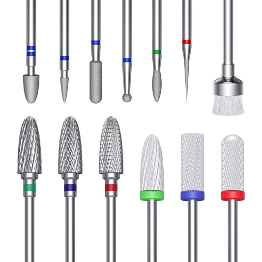 Glix Professional E File Bits for Acrylic Nails & Gel Polish Removal, 13-in-1 Manicure Kit with Tungsten Carbide, Ceramic & Diamond Bits, 3/32" Shank Cuticle Remover Tool Set