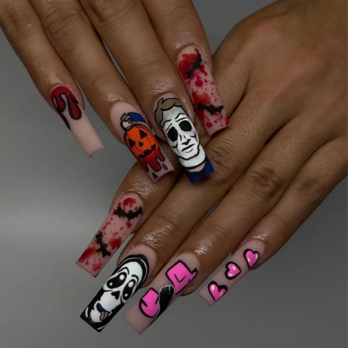Halloween Press on Nails Long Square Fake Nails Pumpkin Ghost Blood Design Stick on Nails Matte Spooky False Nails Artificial Reusable Acrylic Glue on Nail for Women Nail Art Decoration 24Pcs