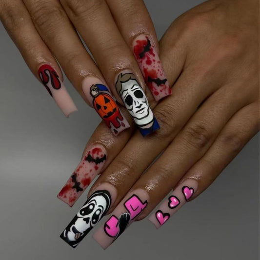 Halloween Press on Nails Long Square Fake Nails Pumpkin Ghost Blood Design Stick on Nails Matte Spooky False Nails Artificial Reusable Acrylic Glue on Nail for Women Nail Art Decoration 24Pcs
