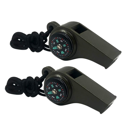 MeiNvShe 2 Pack Emergency Survival Whistle, 3-in-1 Emergency Whistles with Compass and Thermometer, Loud Safety Whistle with Lanyard for Outdoor Hiking (Green)