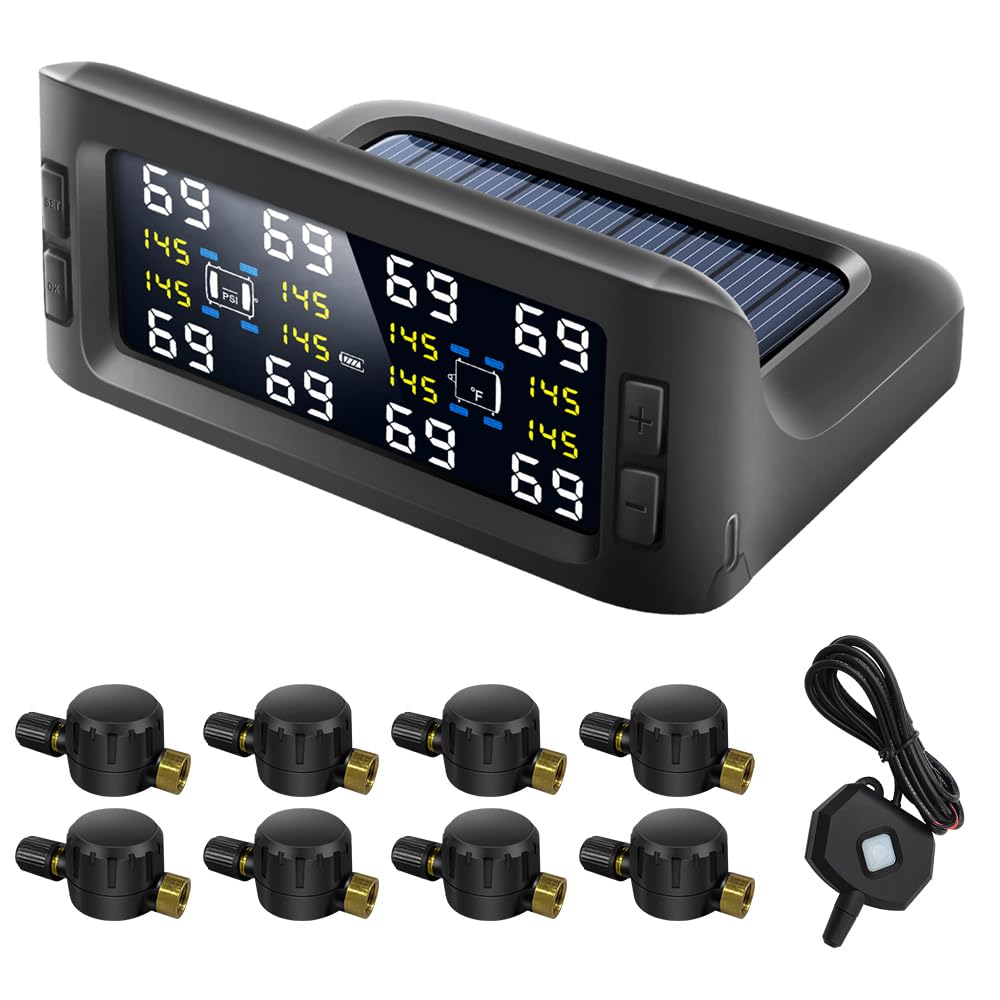 B-Qtech Tire Pressure Monitoring System Solar TPMS w/8 Flow Thru Sensors & Signal Repeater - Long Range Transmission for RV/Truck/Trailer/Camper, 7 Alert Modes Real Time Monitoring (0-199 PSI)