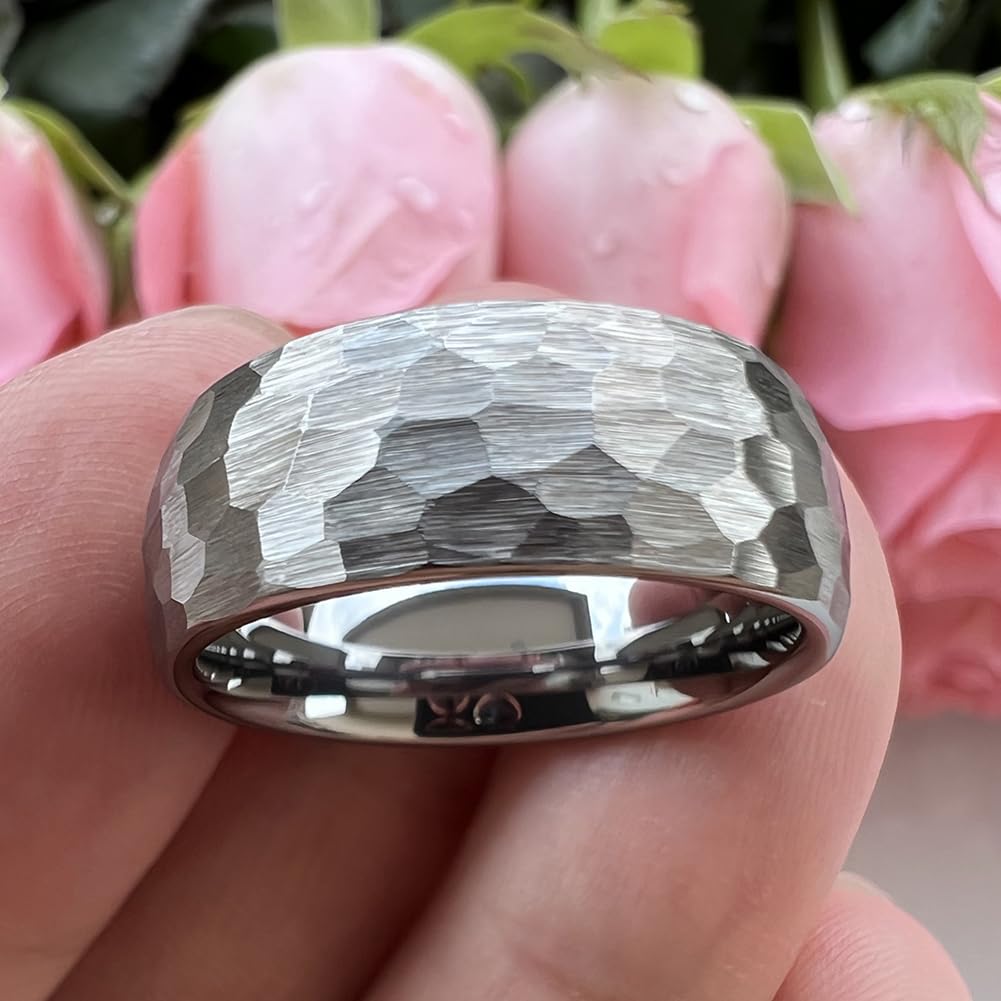 TUTISS 8mm Hammered Tungsten Rings for Men Women Fashion Engagement Wedding Bands Domed Matte Finish Comfort Fit Size 7