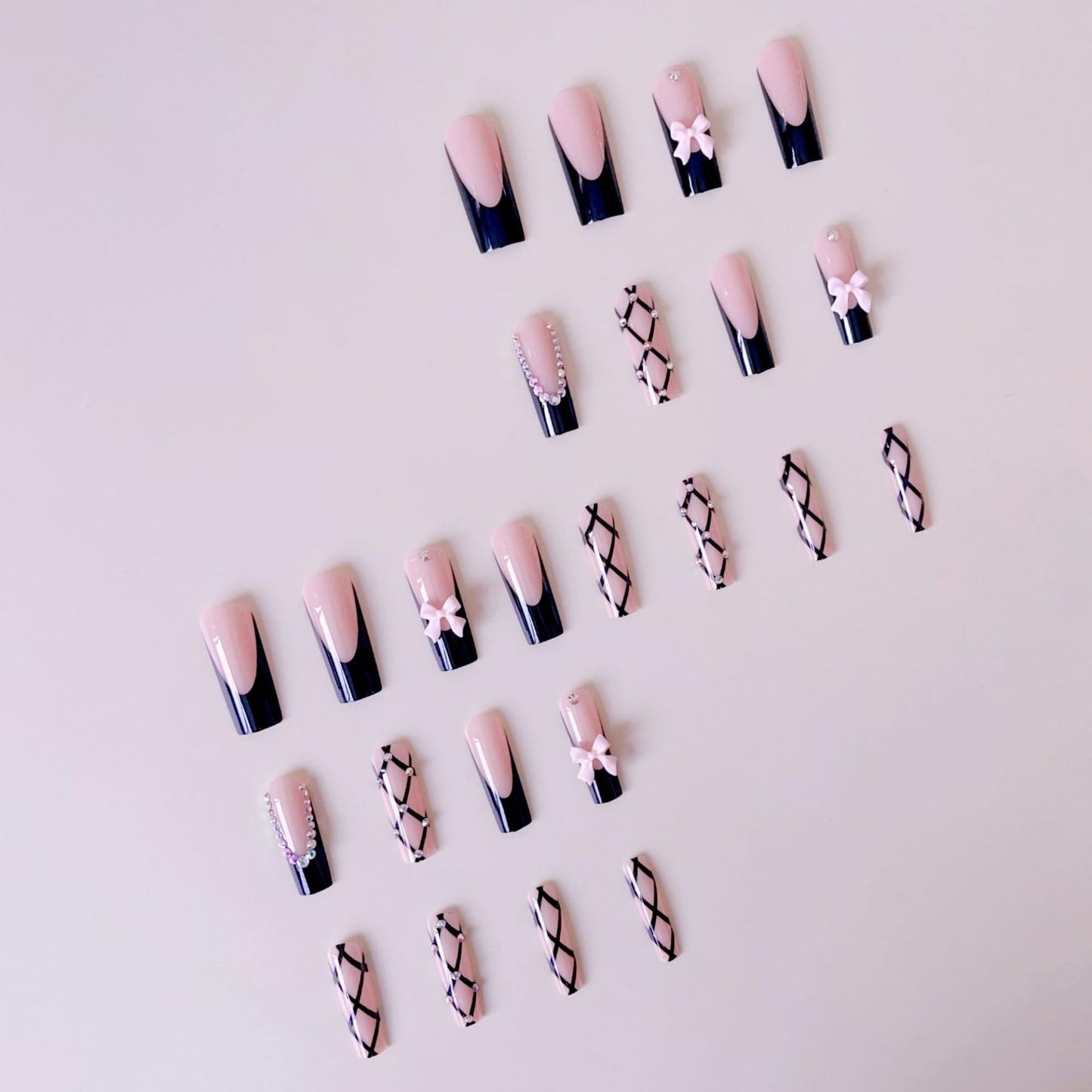 Octoswave Square Press on Nails Medium Fake Nails French Artificial Nail Bow and Rhinestones Stick on Nail for Women 24pcs