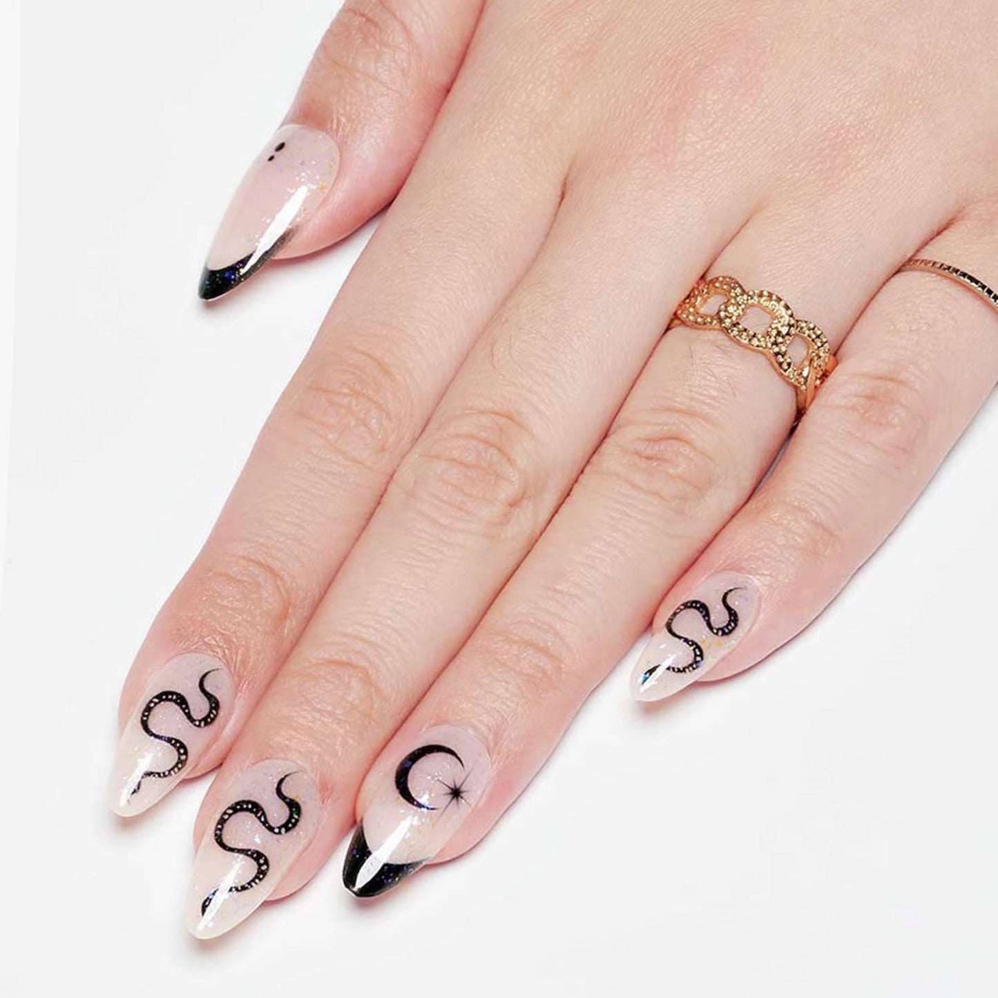 GLAMERMAID White Press on Nail Medium Almond, Natural White Crush Nail, Stiletto Fake Nail with Glitter Snake Design, Short Oval Stick Glue on Nail Tips for Women, Reusable Acrylic False Nail Kit