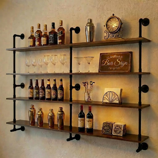 Industrial Pipe Wall Shelves With Real Wood Plank, 70 Inches Floating Shelves for Wall, 4 Tier Farmhouse Book Shelves, Dark Brown for Kitchen, Living Room Decor and Bar